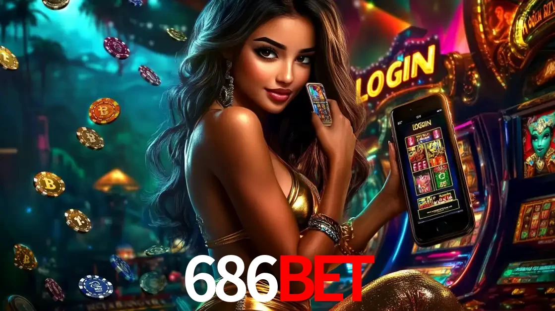 Mulher em um cenário de cassino temático de aventura, mostrando o app de caça-níqueis da 686BET no celular. Fichas de apostas flutuam ao redor.