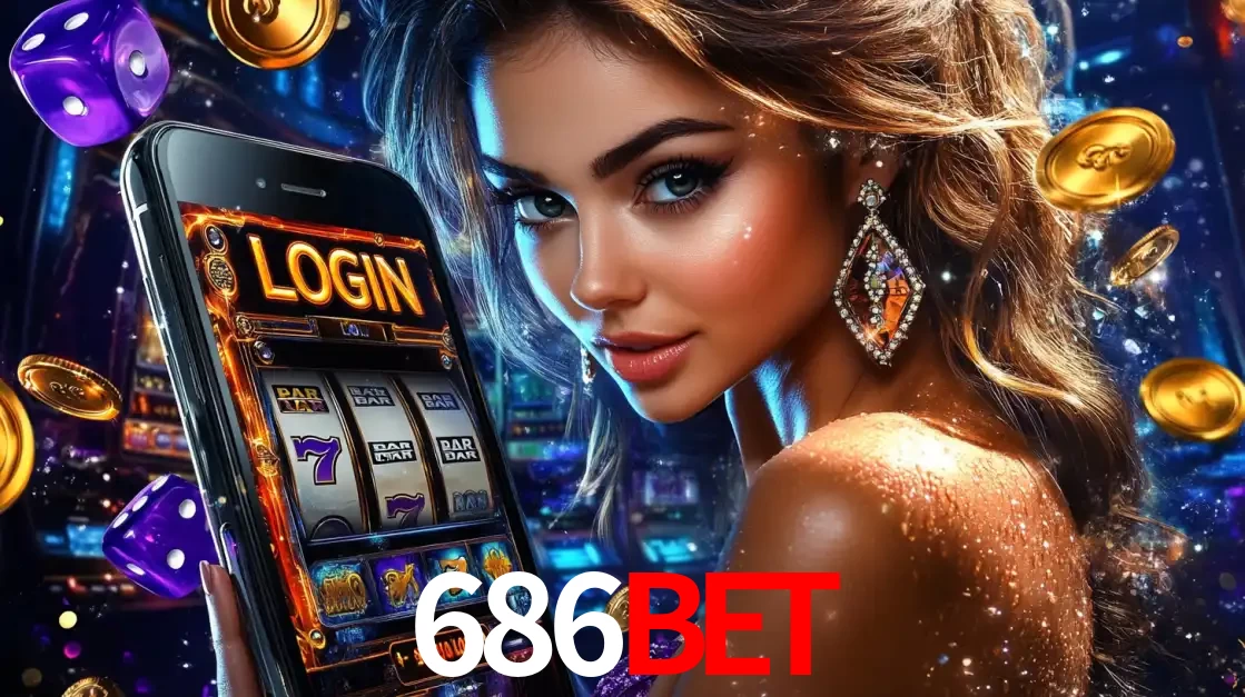 Mulher glamorosa segurando um smartphone com a tela de login para os jogos de caça-níqueis do cassino online 686BET, com moedas de ouro e dados ao redor.