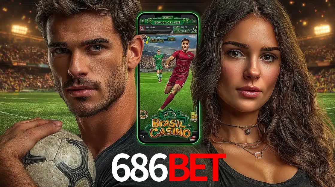 Homem segurando uma bola de futebol e uma mulher ao lado de um smartphone exibindo o jogo de apostas esportivas da 686BET. Faça seu palpite no cassino online.